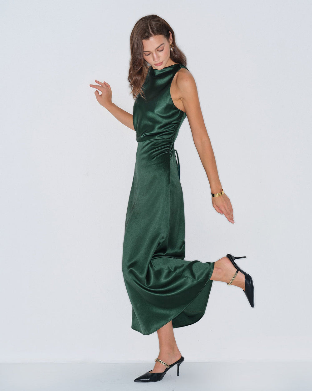 Green Cowl Neck Satin Maxi Dress | Rihoas