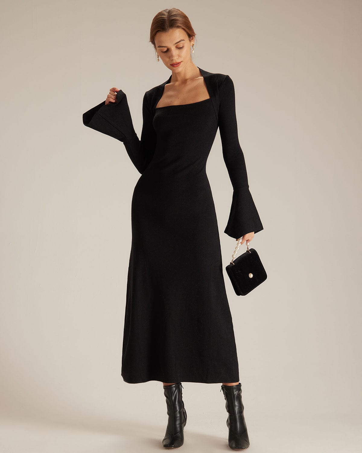 The Black Square Neck Flare Sleeve Midi Dress | Rihoas