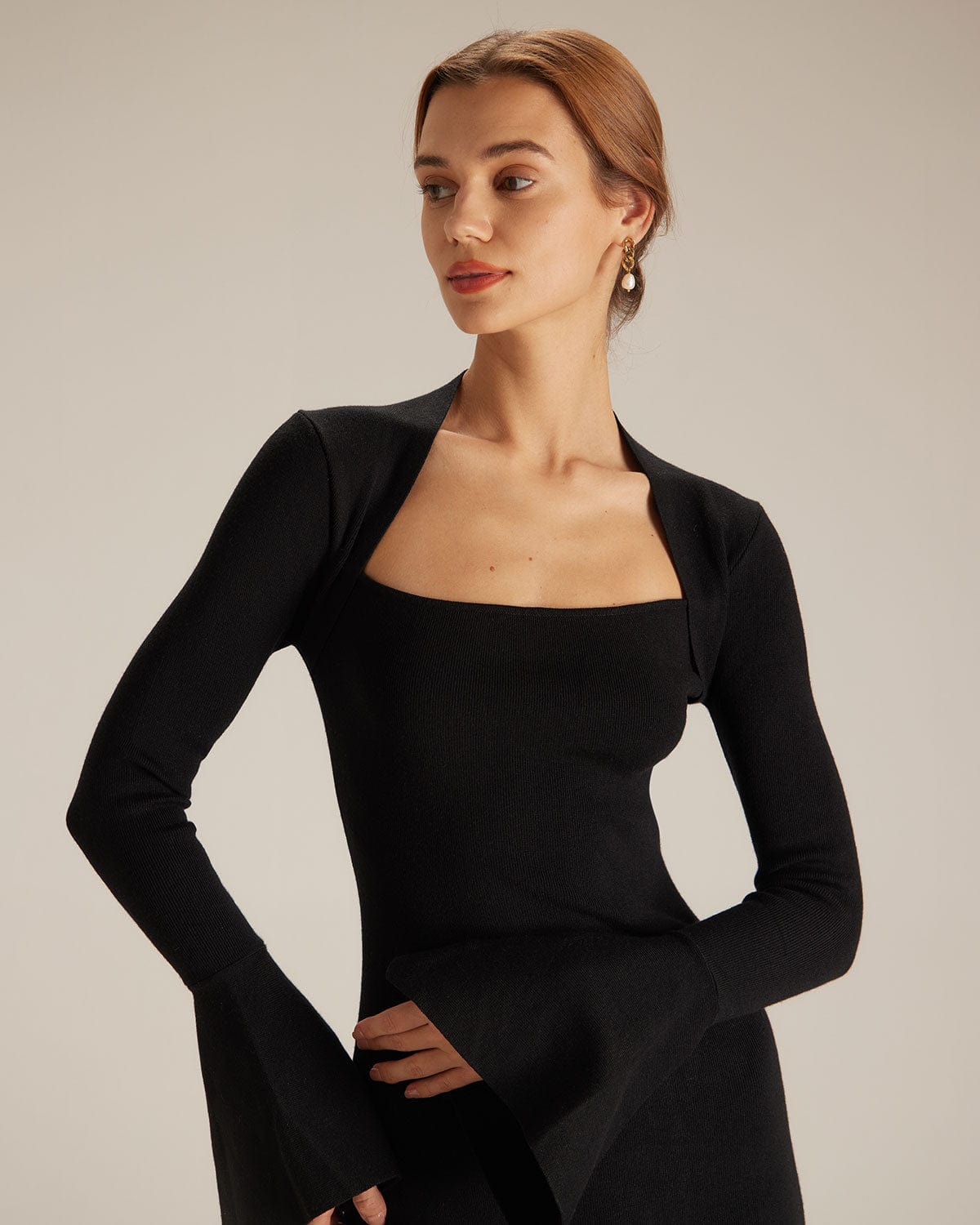 The Black Square Neck Flare Sleeve Midi Dress | Rihoas