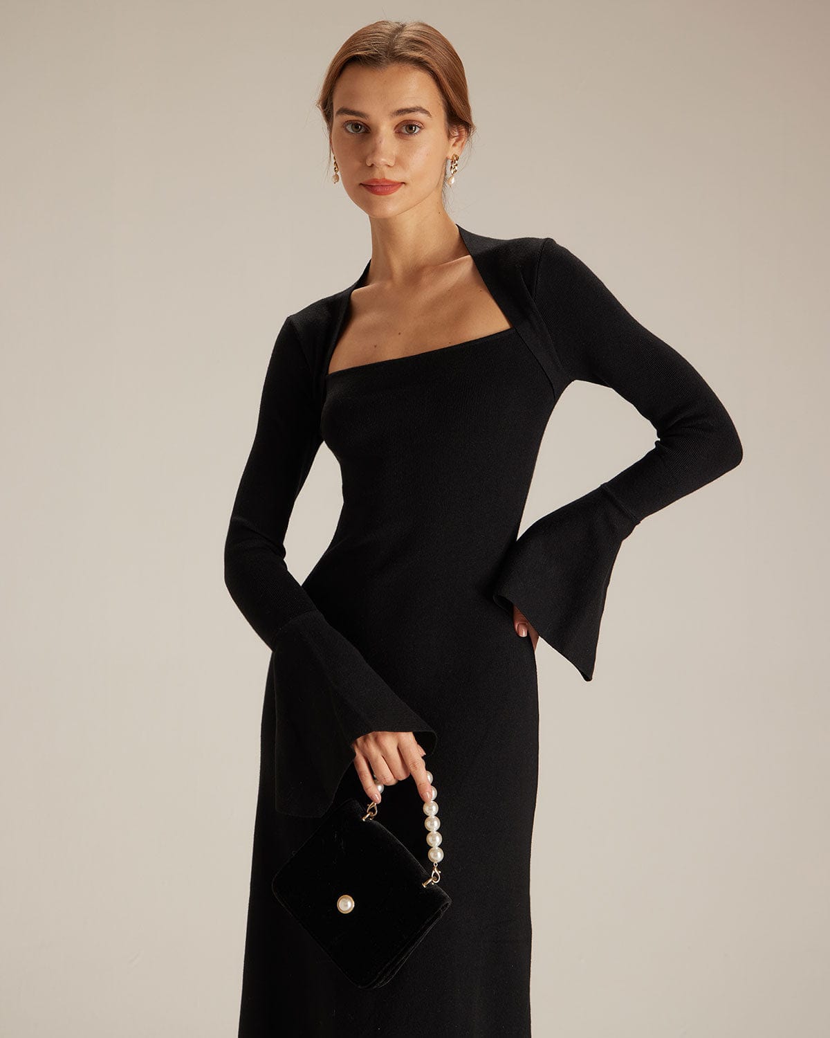 The Black Square Neck Flare Sleeve Midi Dress | Rihoas