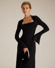 The Black Square Neck Flare Sleeve Midi Dress | Rihoas