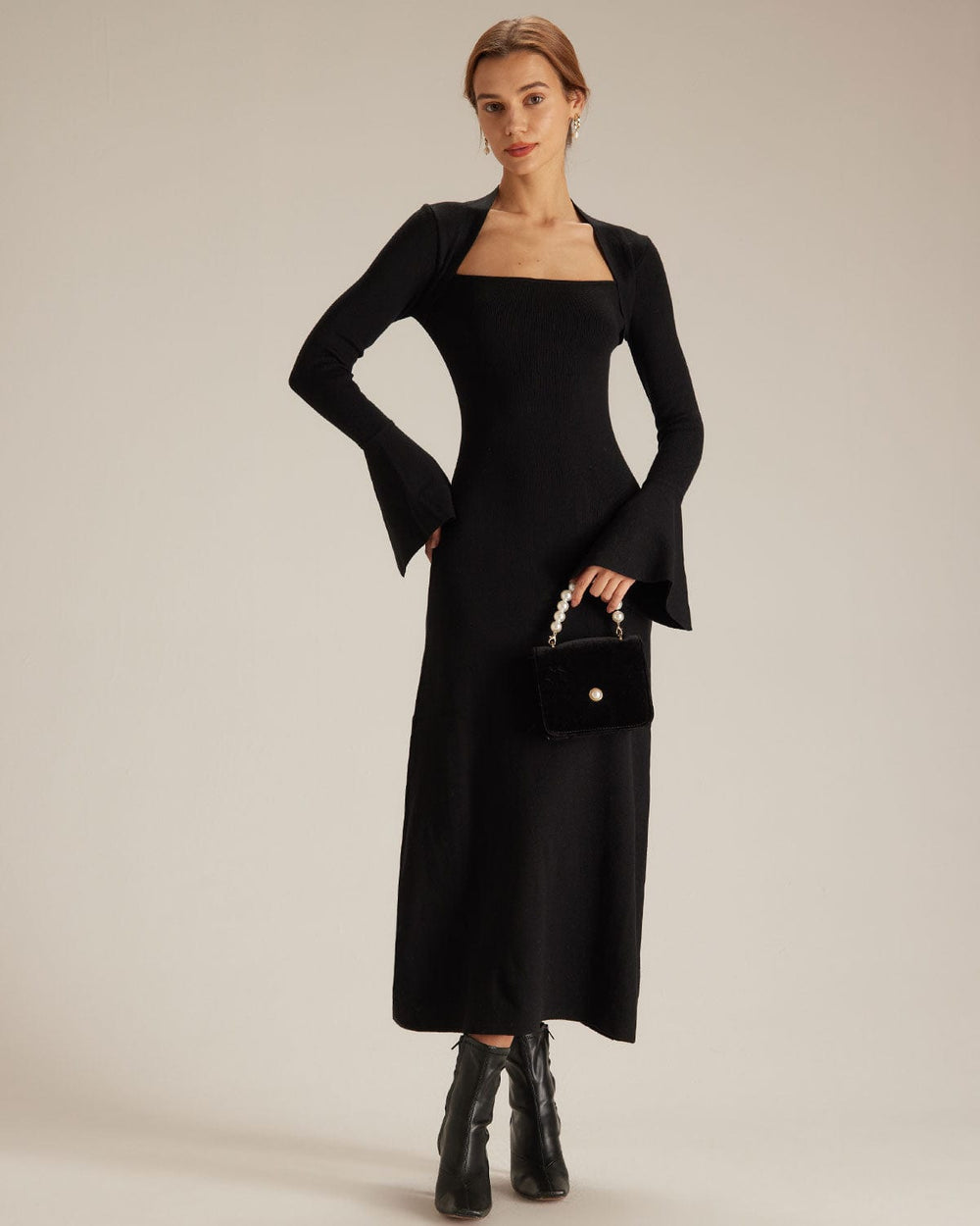 The Black Square Neck Flare Sleeve Midi Dress | Rihoas