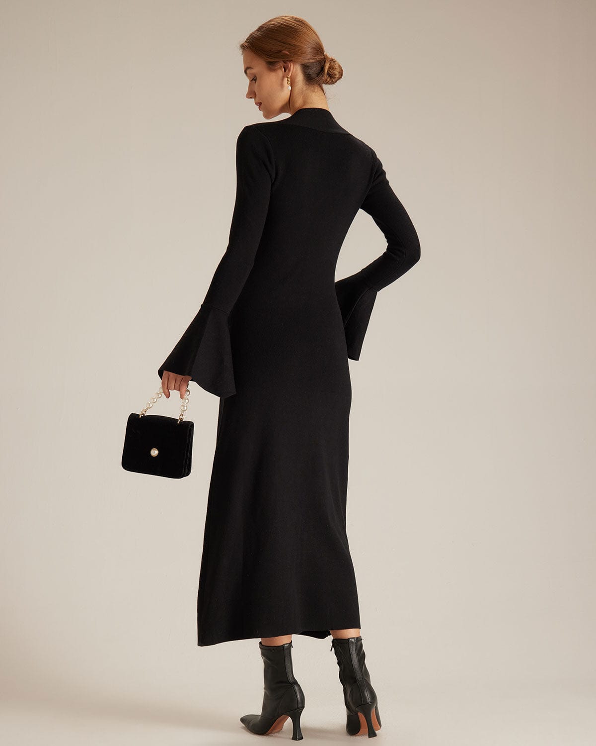 The Black Square Neck Flare Sleeve Midi Dress | Rihoas