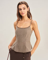 Brown Sleeveless Plaid Shirred Cami Top | Rihoas