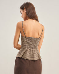 Brown Sleeveless Plaid Shirred Cami Top | Rihoas