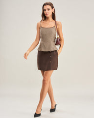 Brown Sleeveless Plaid Shirred Cami Top | Rihoas