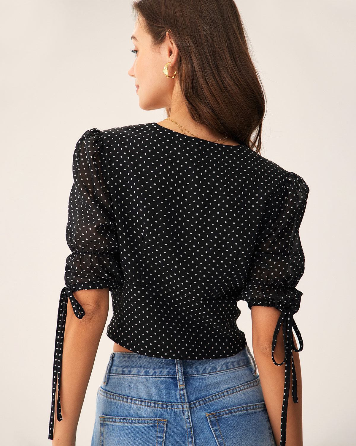 Black V-Neck Polka Dot Blouse | Rihoas