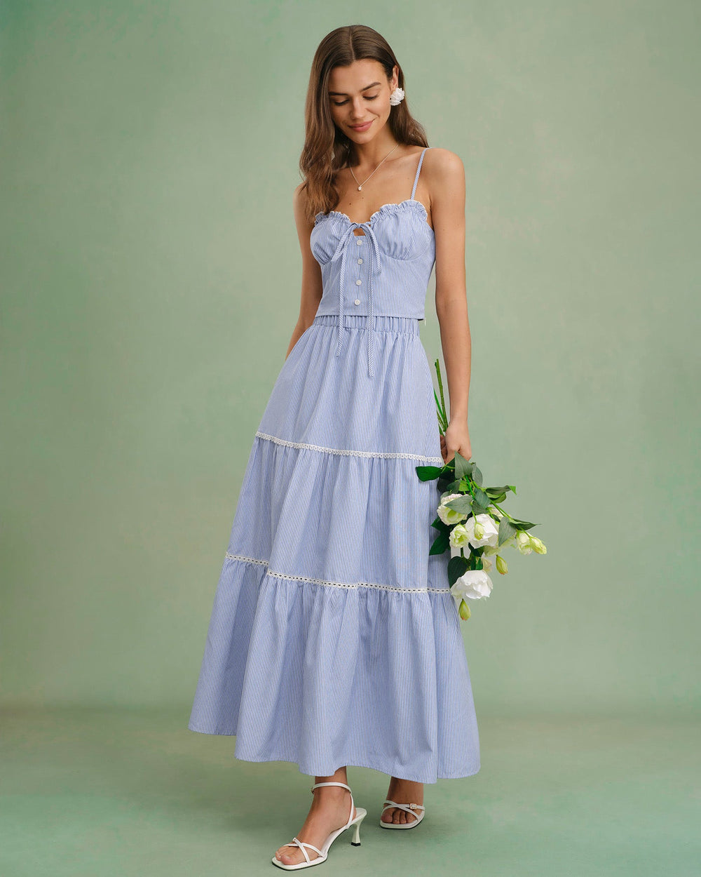 Blue Elastic Waist Midi Skirt | Rihoas