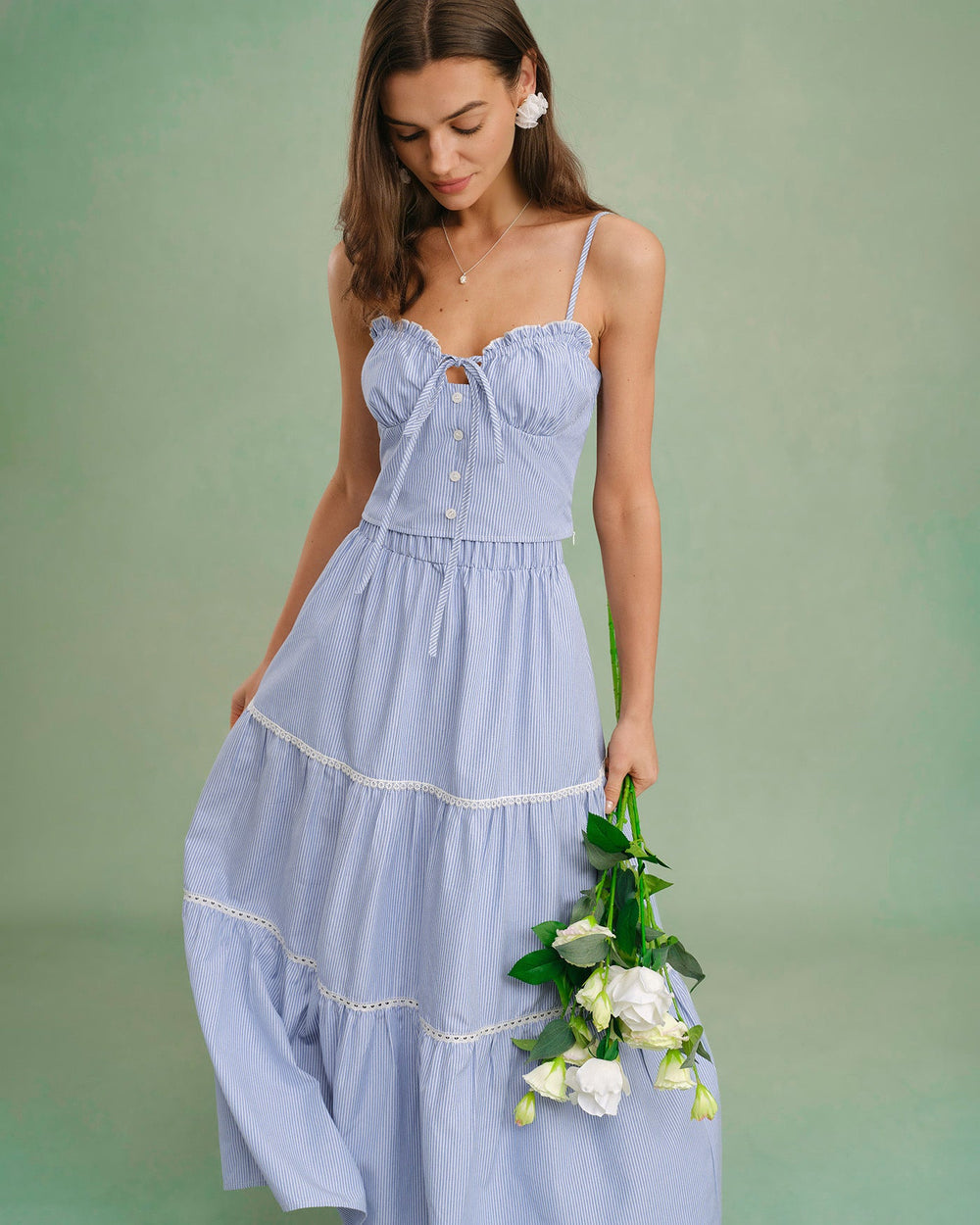 Blue Elastic Waist Midi Skirt | Rihoas
