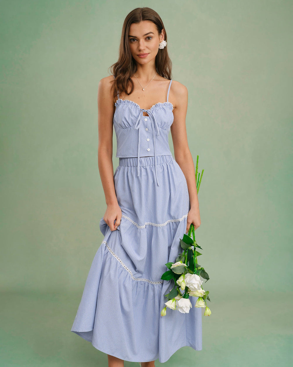 Blue Elastic Waist Midi Skirt | Rihoas