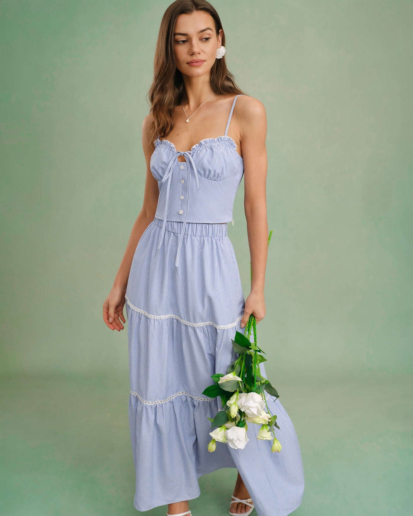 Blue Elastic Waist Midi Skirt | Rihoas