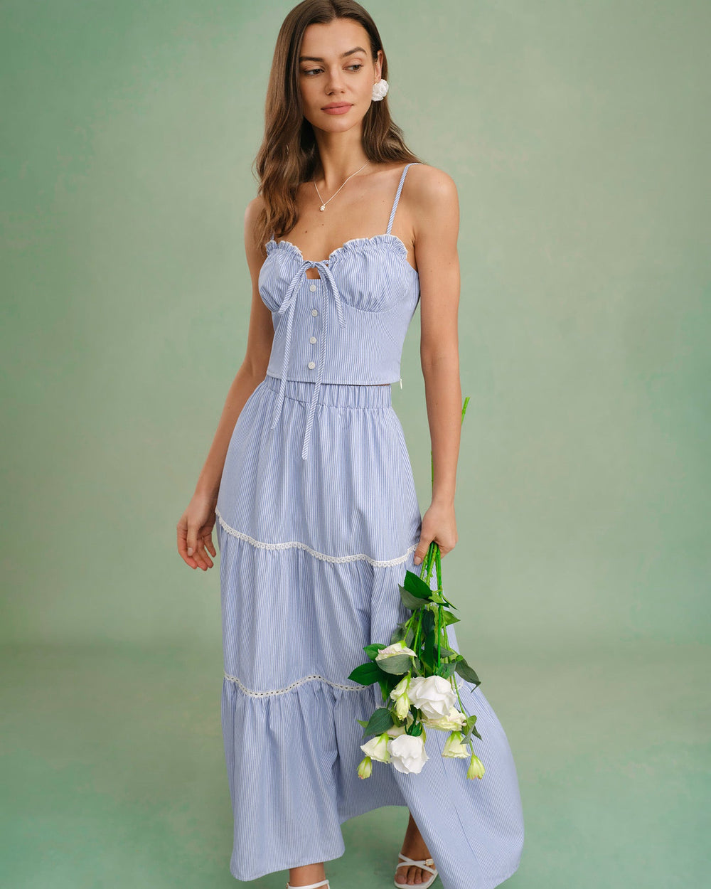 Blue Elastic Waist Midi Skirt | Rihoas