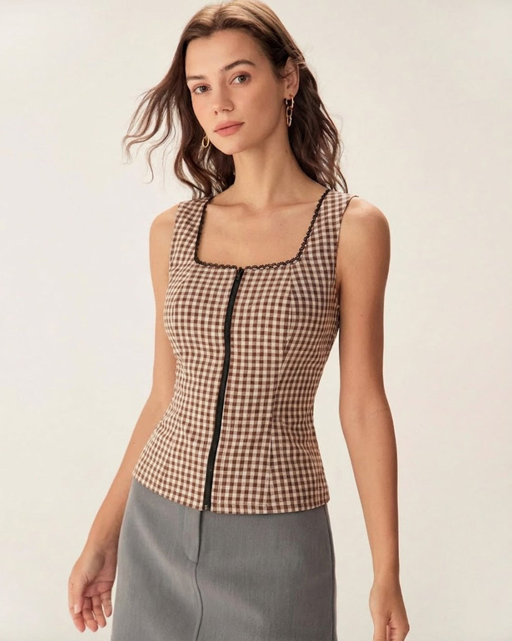 Brown Plaid Shirred Tank Top | Rihoas