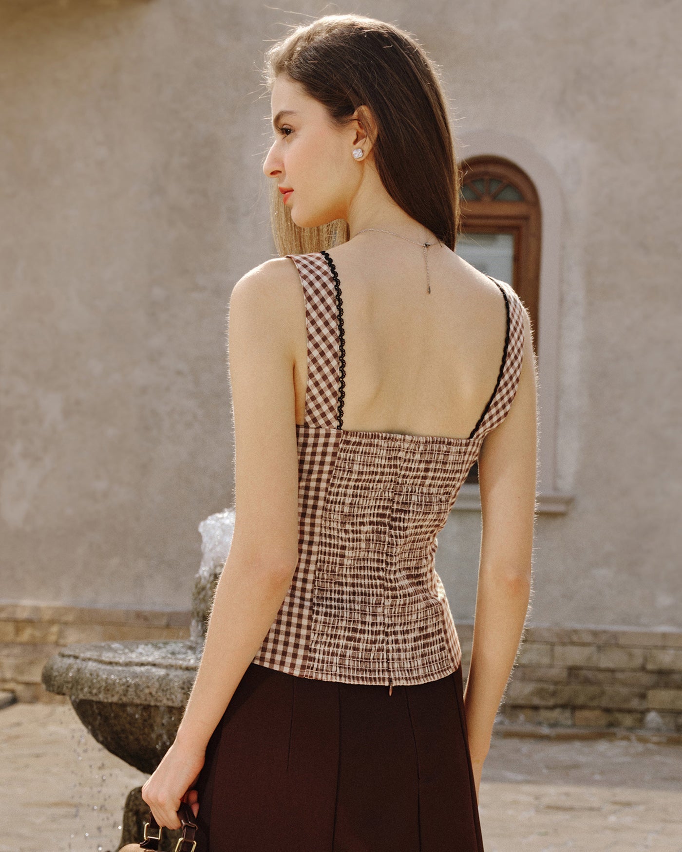 Brown Plaid Shirred Tank Top | Rihoas