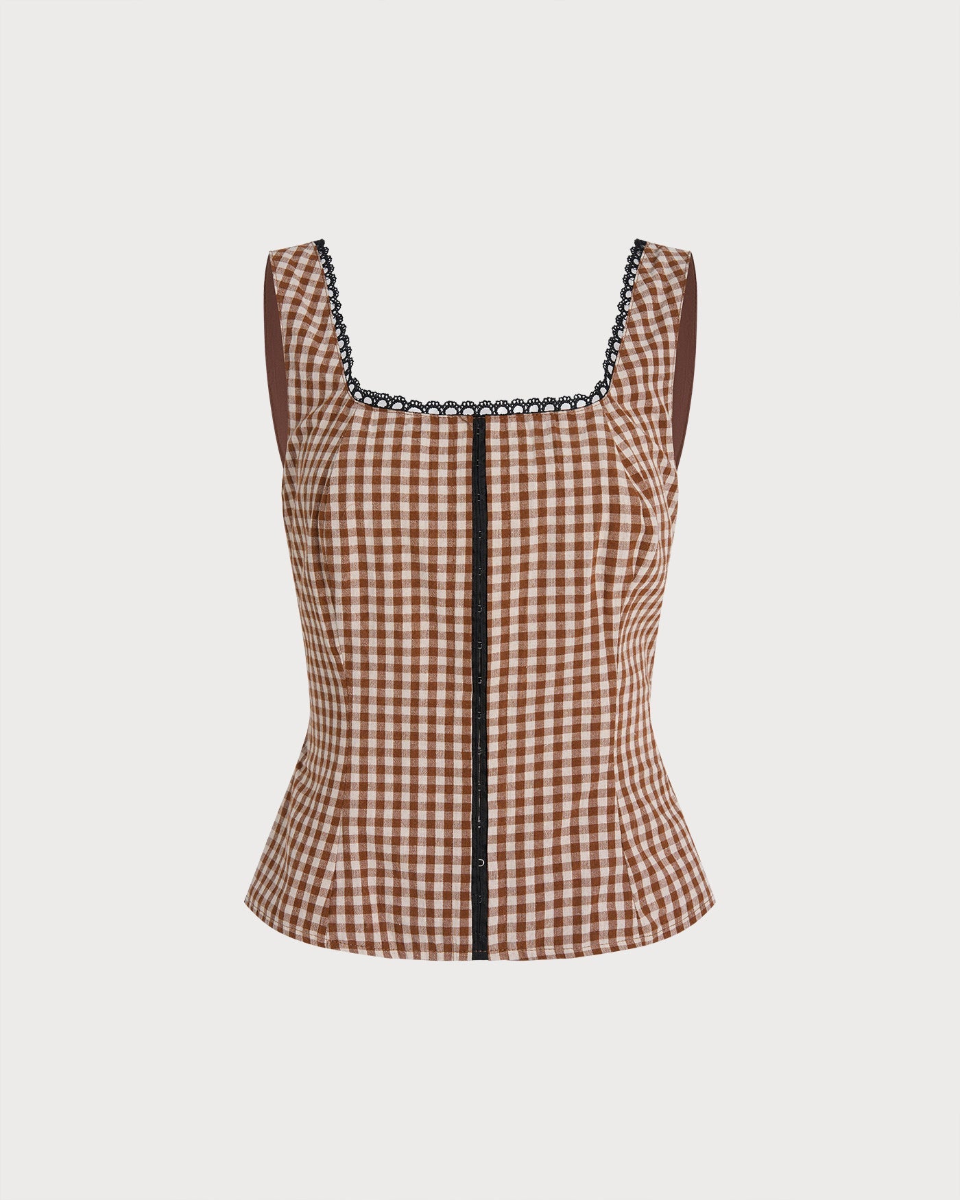 Brown Plaid Shirred Tank Top | Rihoas