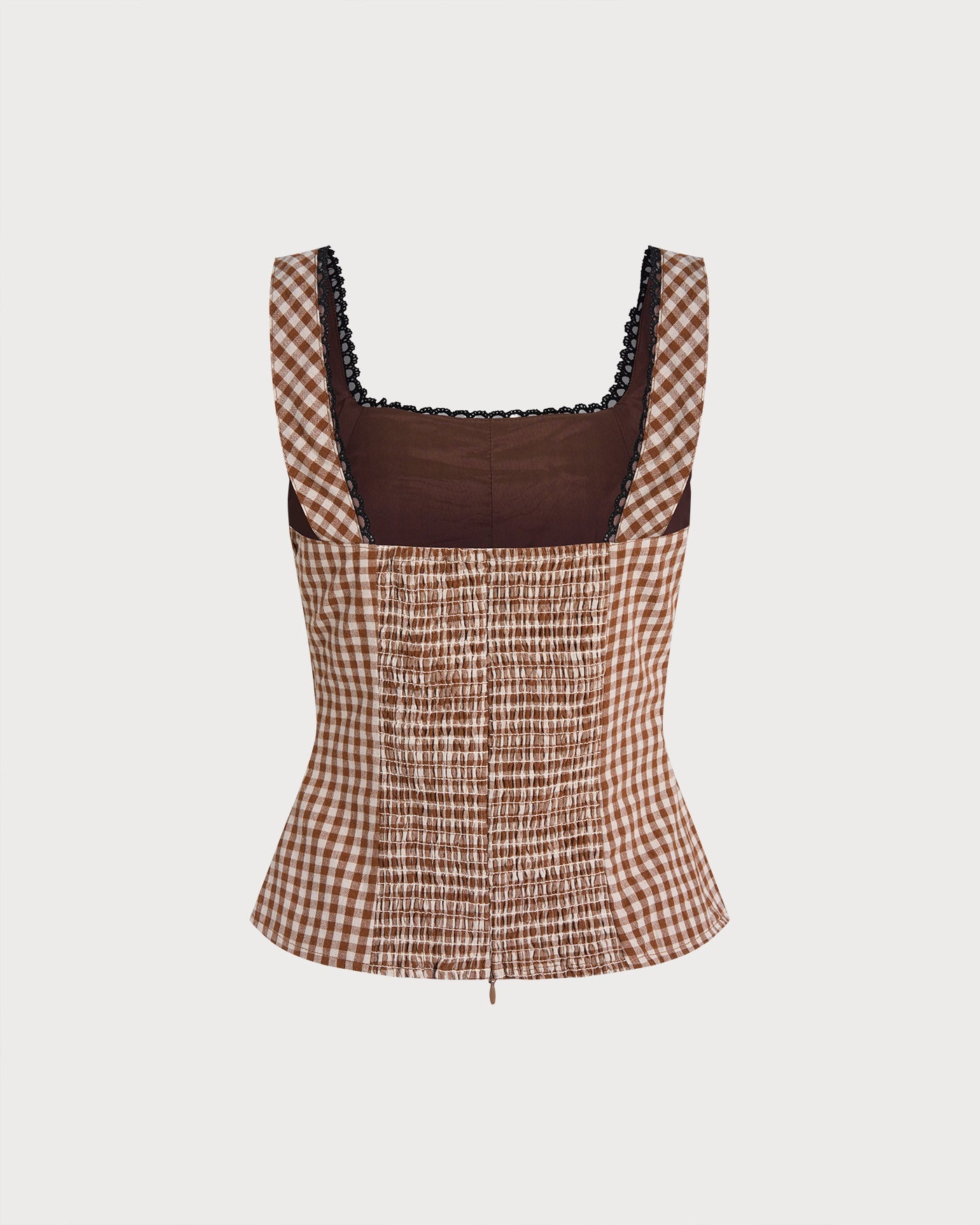 Brown Plaid Shirred Tank Top | Rihoas