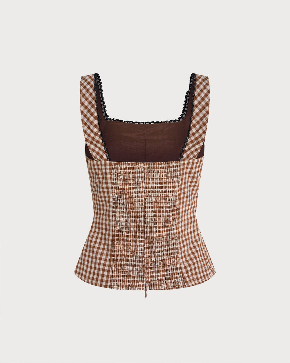 Brown Plaid Shirred Tank Top | Rihoas