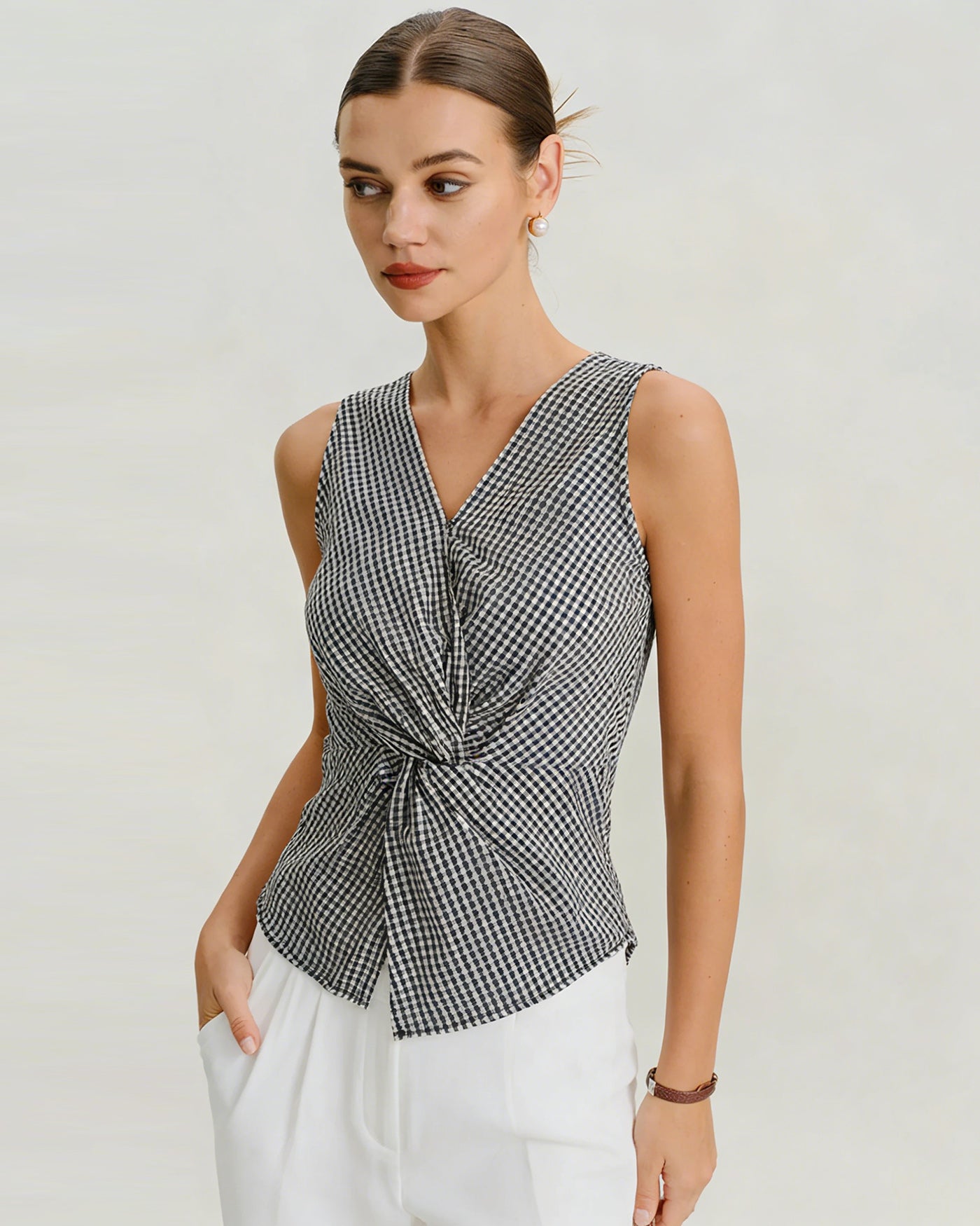 Black V Neck Plaid Tank Top | Rihoas