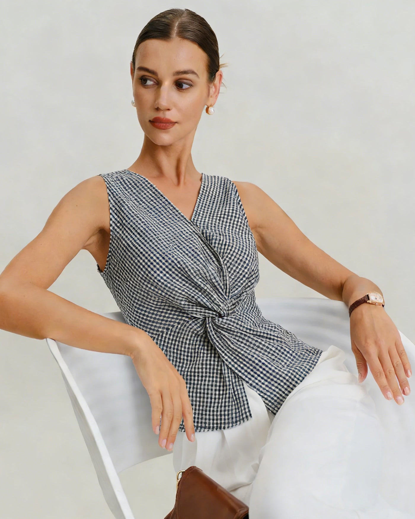 Black V Neck Plaid Tank Top | Rihoas