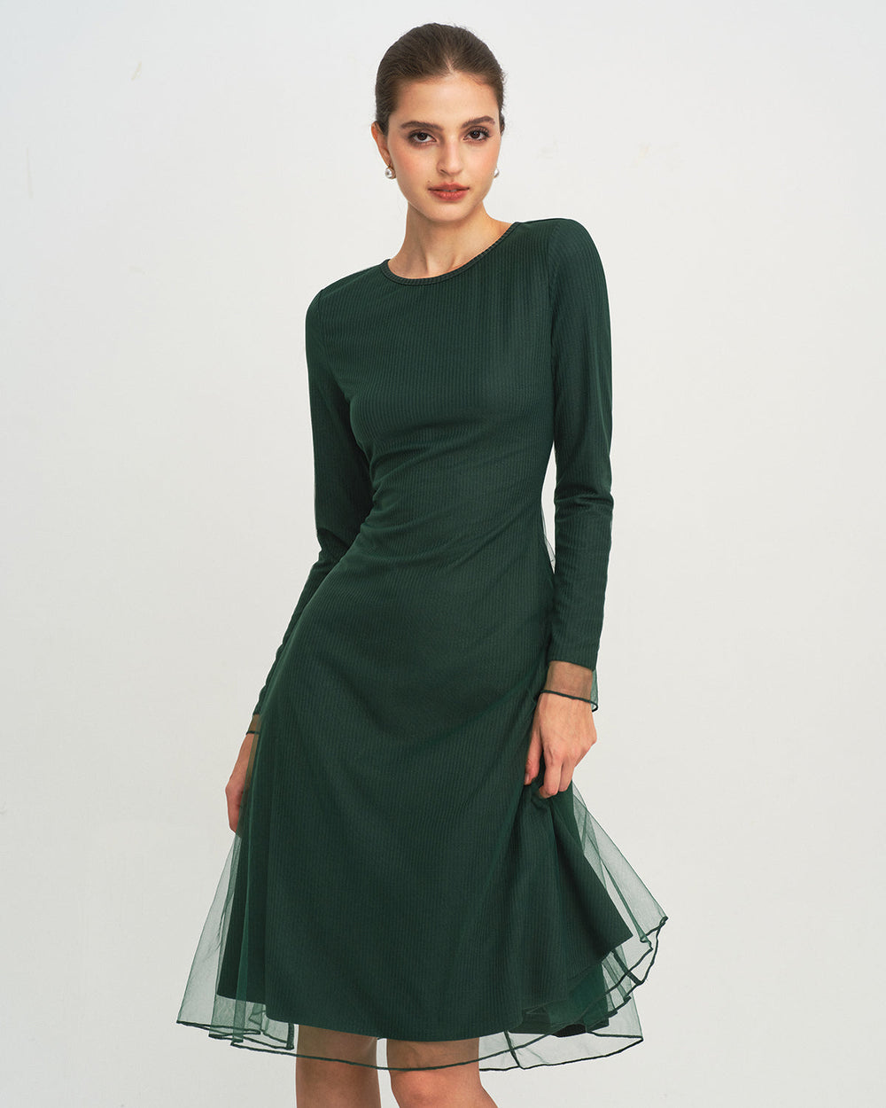 Green Round Neck Knit Mesh Midi Dress | Rihoas