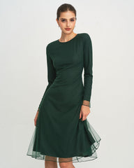 Green Round Neck Knit Mesh Midi Dress | Rihoas