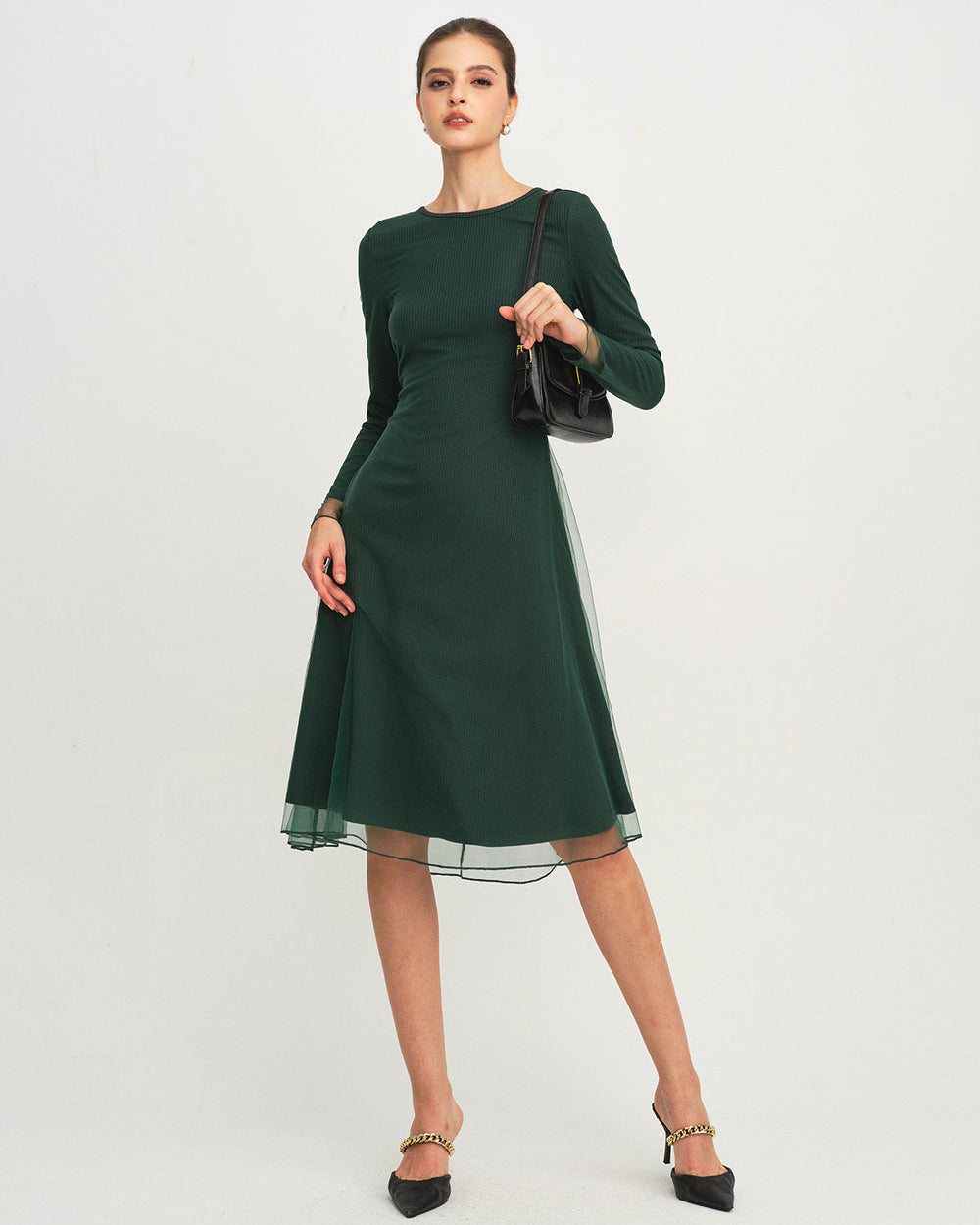 Green Round Neck Knit Mesh Midi Dress | Rihoas