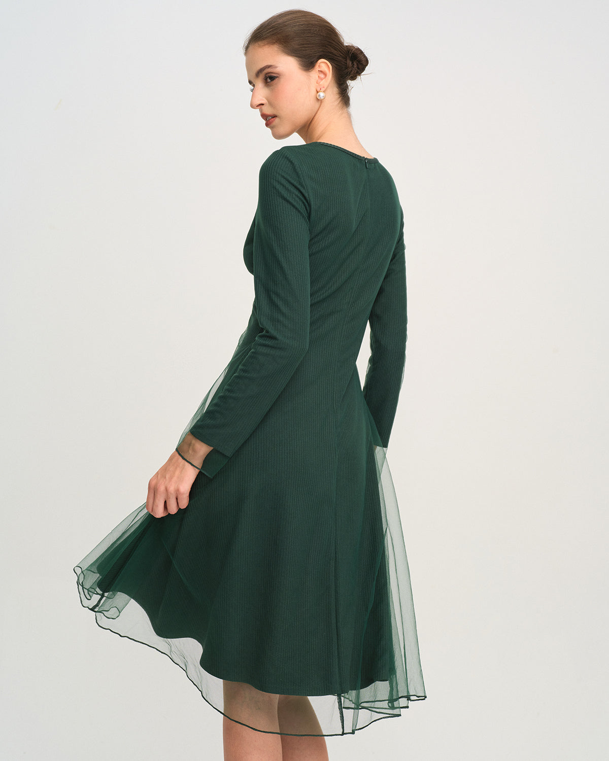 Green Round Neck Knit Mesh Midi Dress | Rihoas
