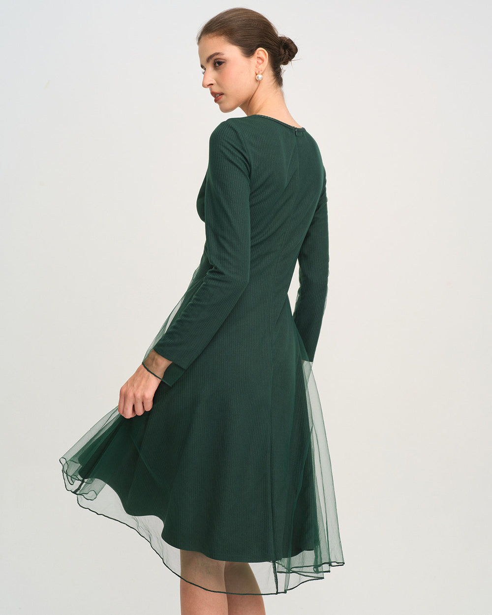 Green Round Neck Knit Mesh Midi Dress | Rihoas