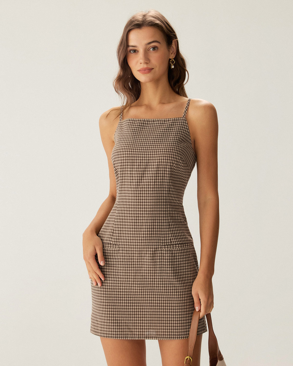 Brown Gingham Slip Mini Dress | Rihoas