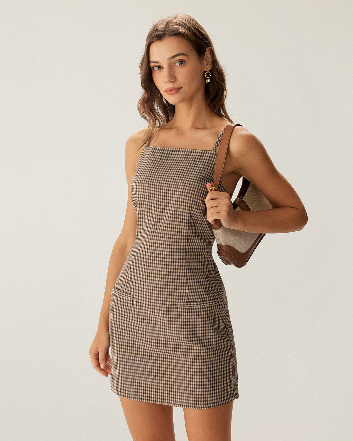 Brown Gingham Slip Mini Dress | Rihoas