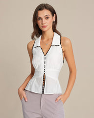 White Collar Button Tank Top | Rihoas