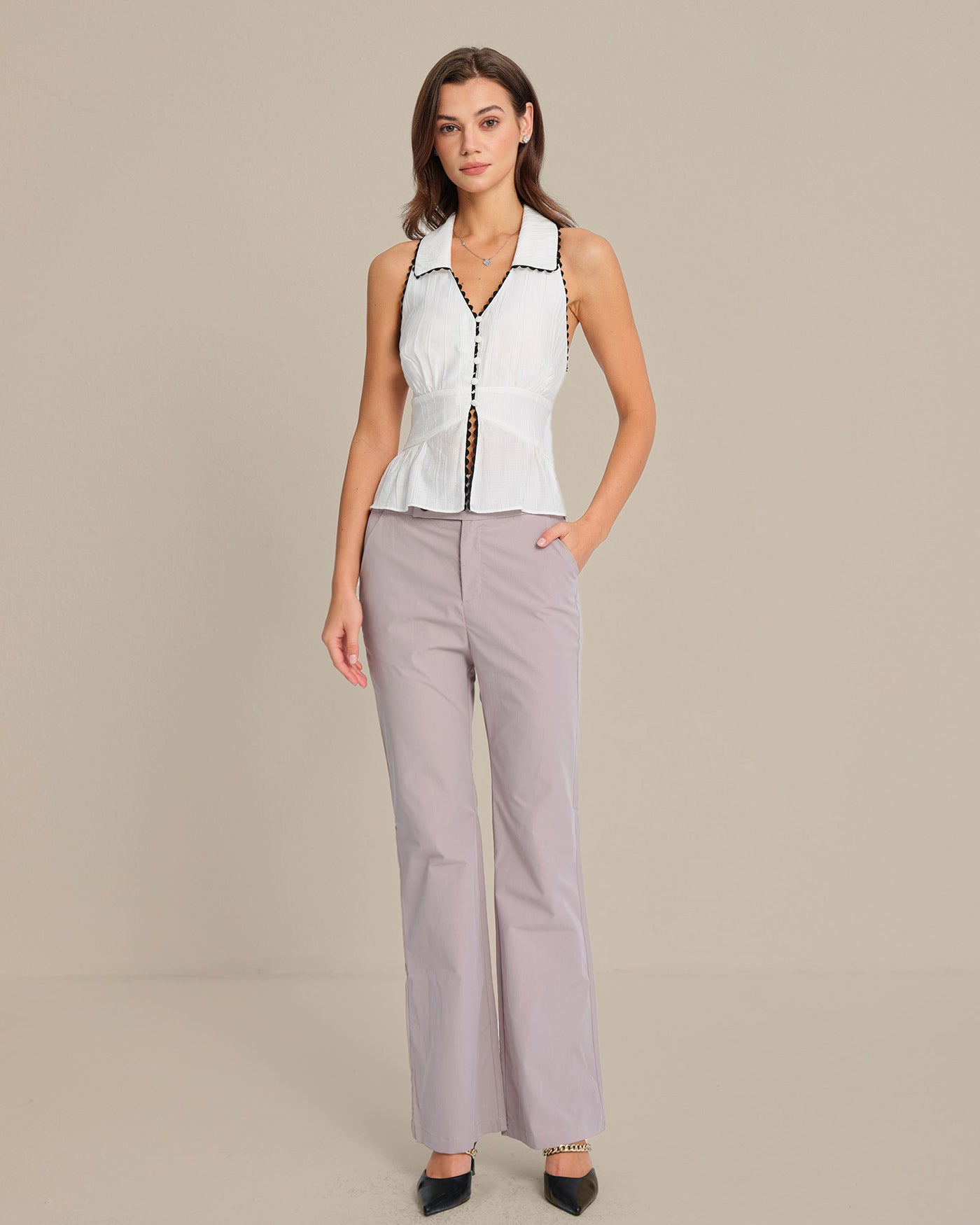 White Collar Button Tank Top | Rihoas
