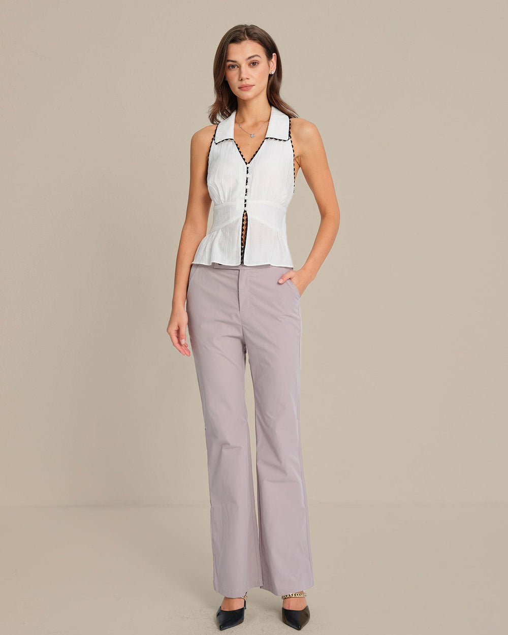 White Collar Button Tank Top | Rihoas