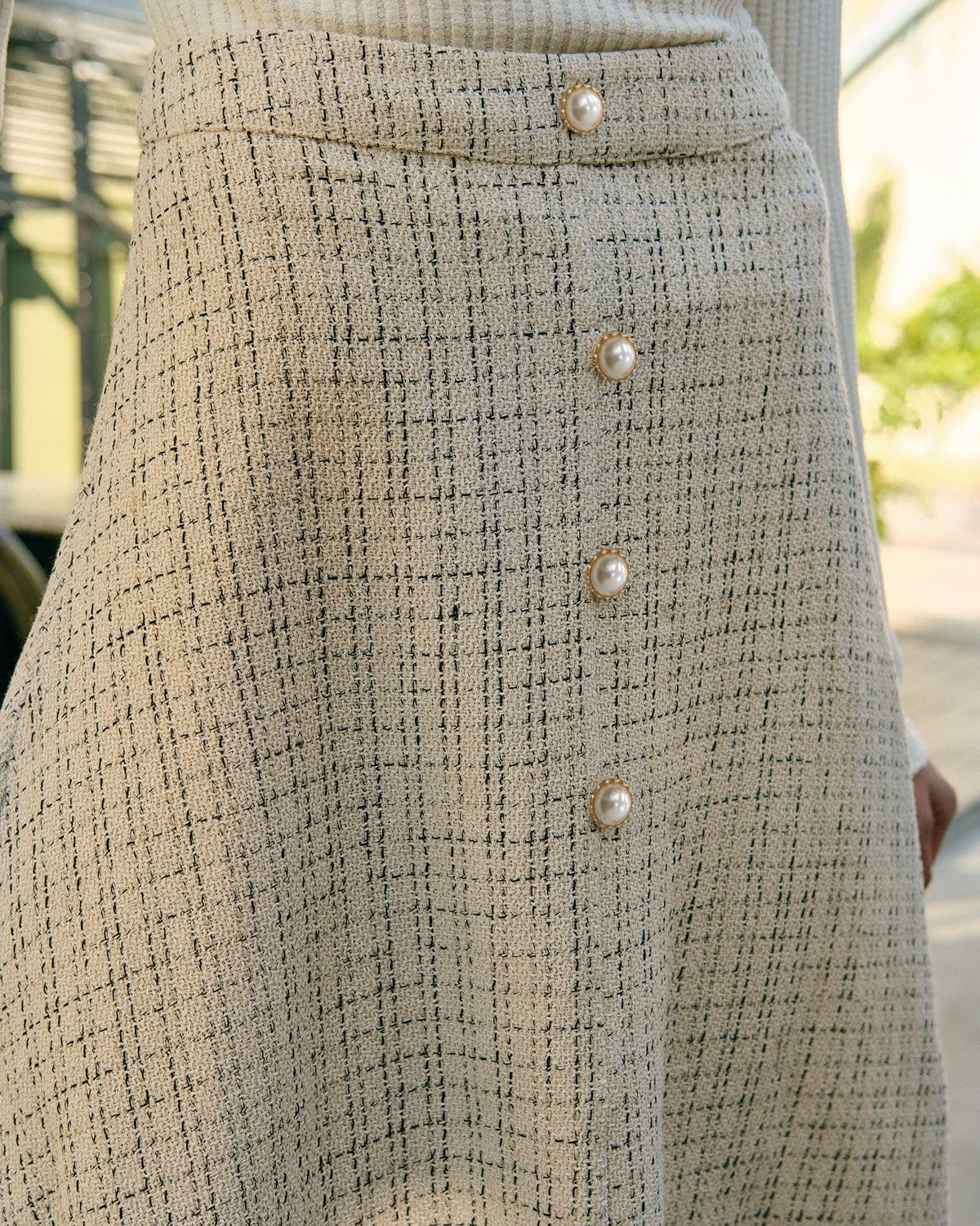 The Pearl Button High Waisted Tweed Skirt | Rihoas