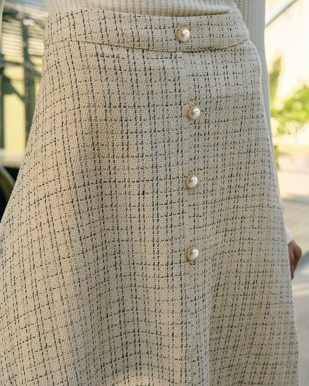 The Pearl Button High Waisted Tweed Skirt | Rihoas