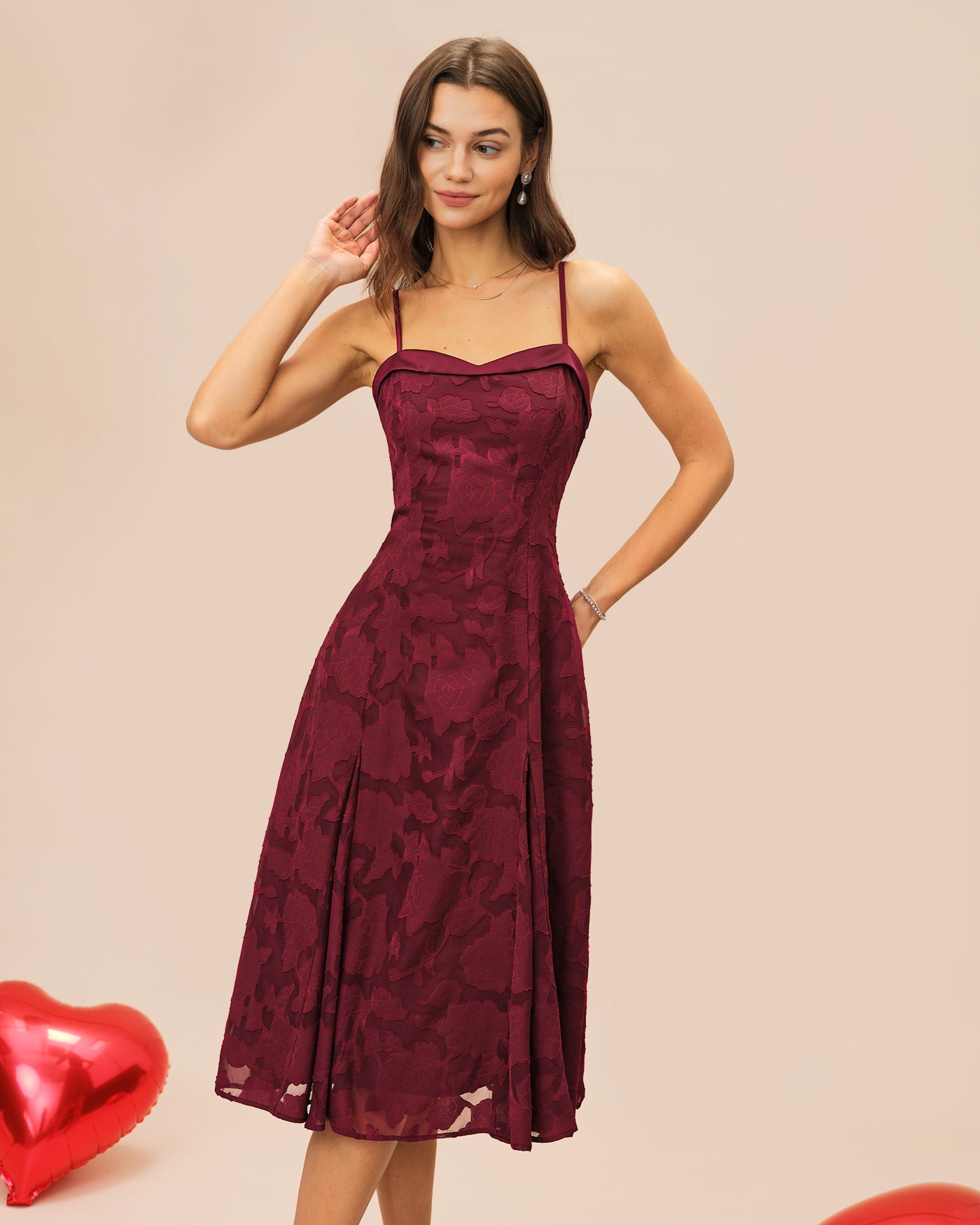 Wine Red Sweetheart Neck Jacquard Slip Midi Dress | Rihoas