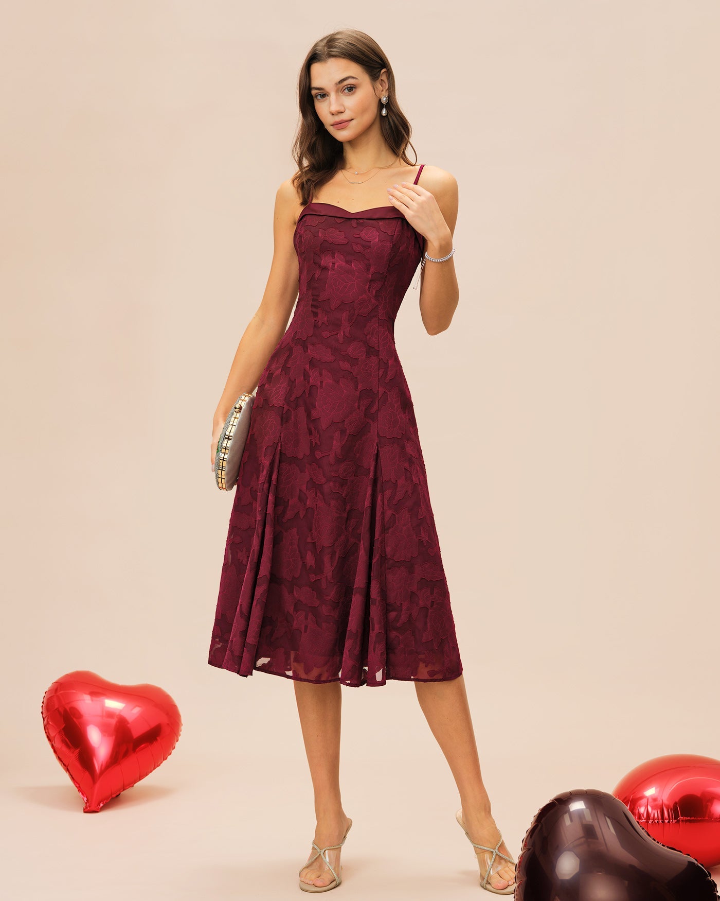 Wine Red Sweetheart Neck Jacquard Slip Midi Dress | Rihoas