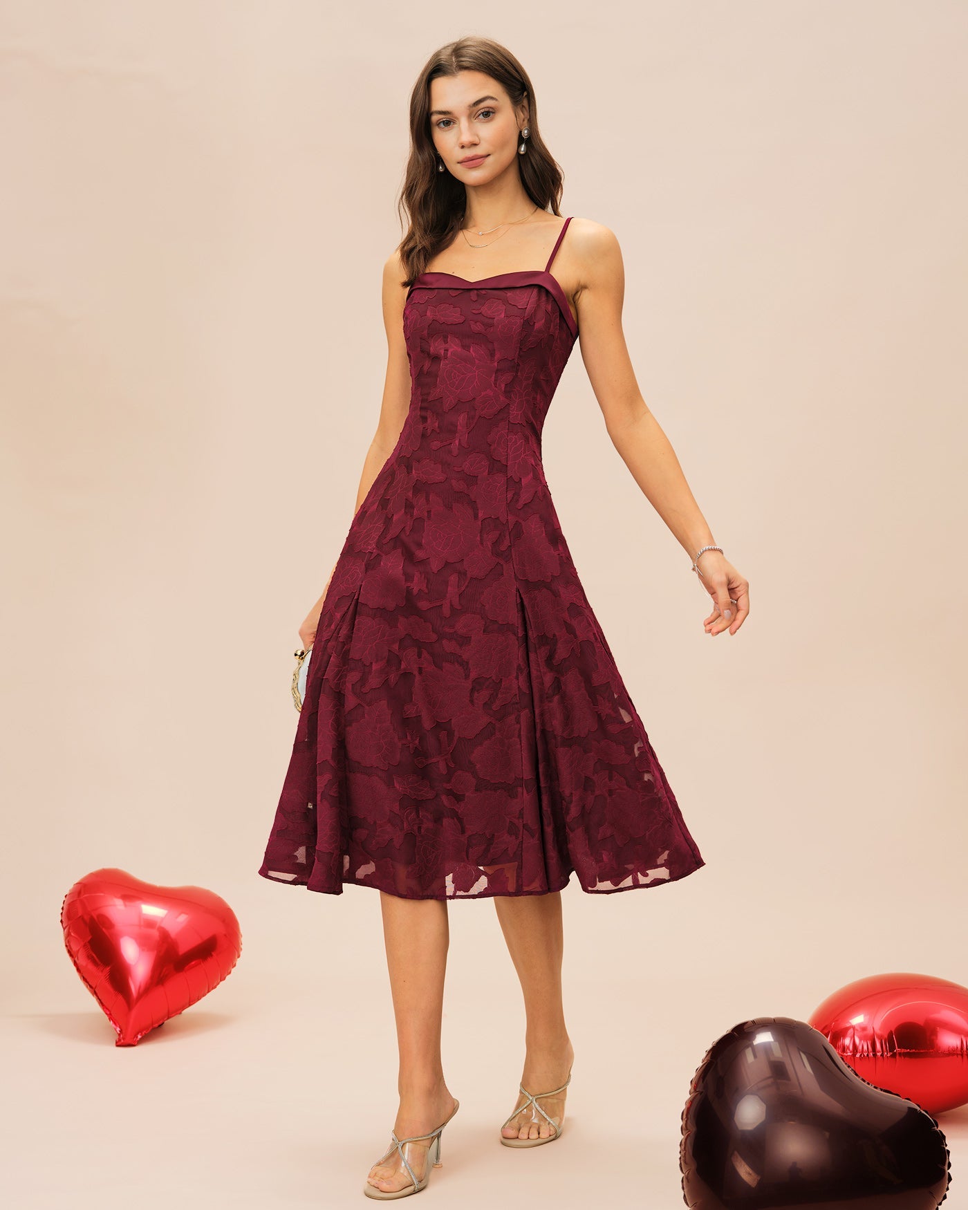 Wine Red Sweetheart Neck Jacquard Slip Midi Dress | Rihoas