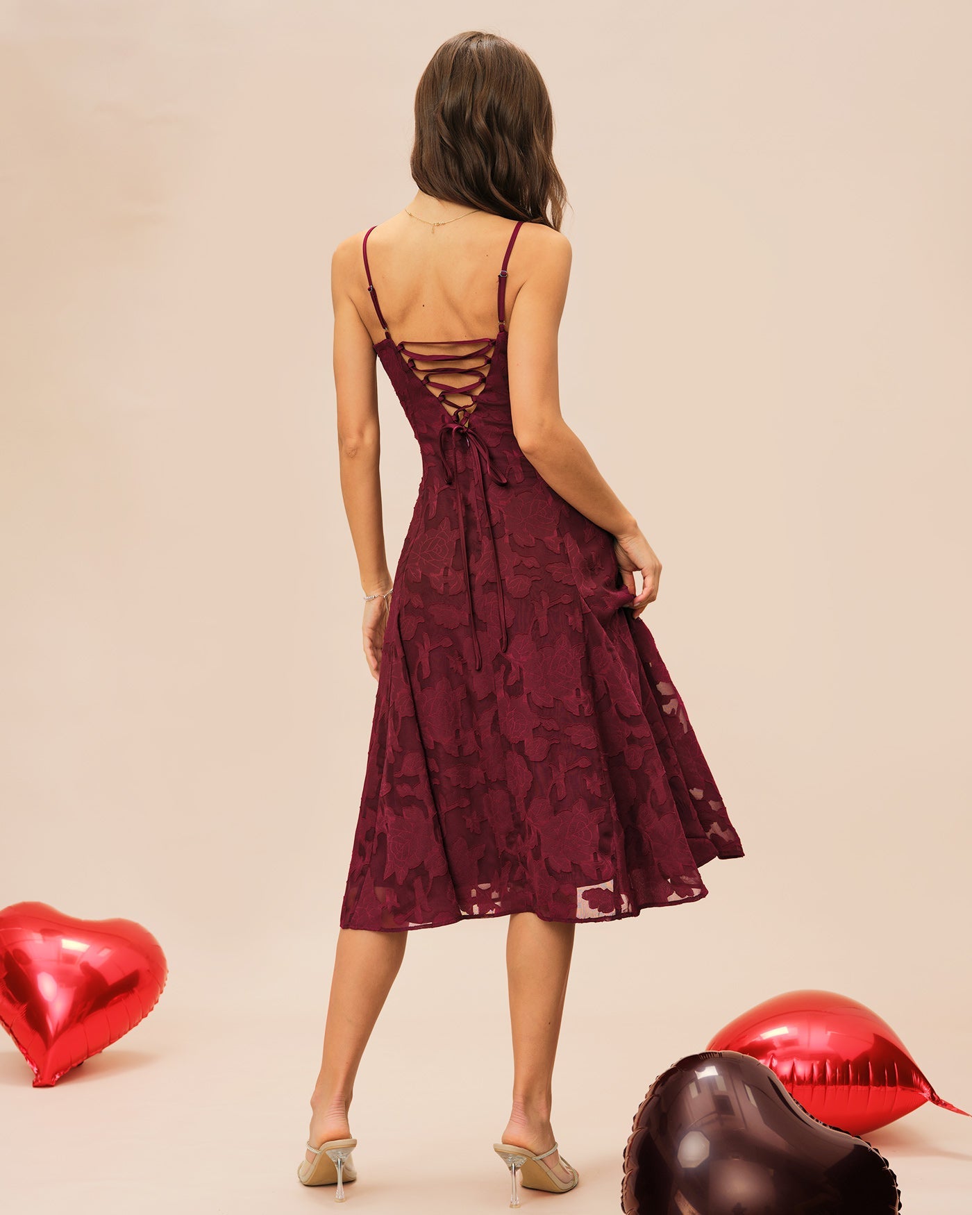Wine Red Sweetheart Neck Jacquard Slip Midi Dress | Rihoas