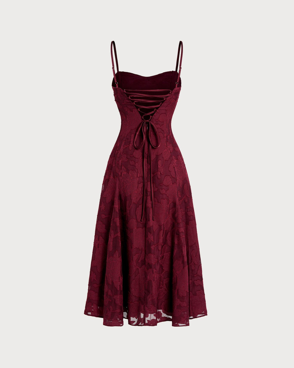 Wine Red Sweetheart Neck Jacquard Slip Midi Dress | Rihoas