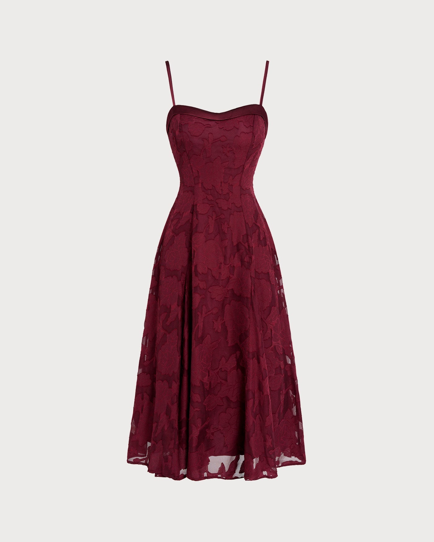 Wine Red Sweetheart Neck Jacquard Slip Midi Dress | Rihoas
