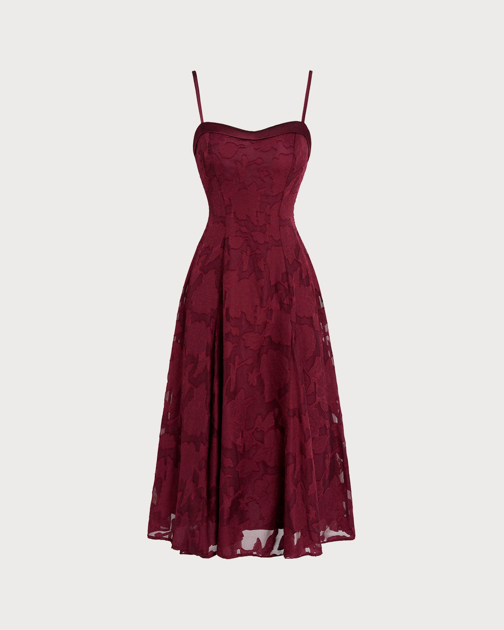 Wine Red Sweetheart Neck Jacquard Slip Midi Dress | Rihoas