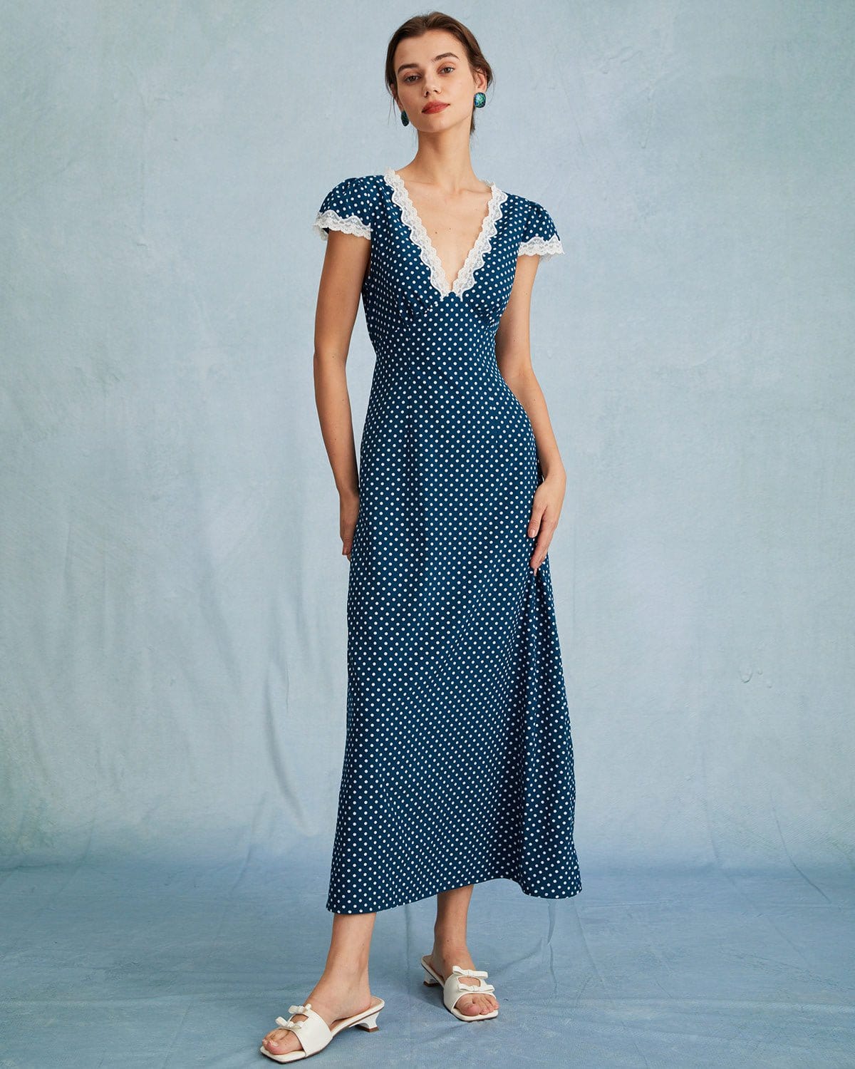 The Navy V Neck Polka Dot Lace Ruched Maxi Dress | Rihoas