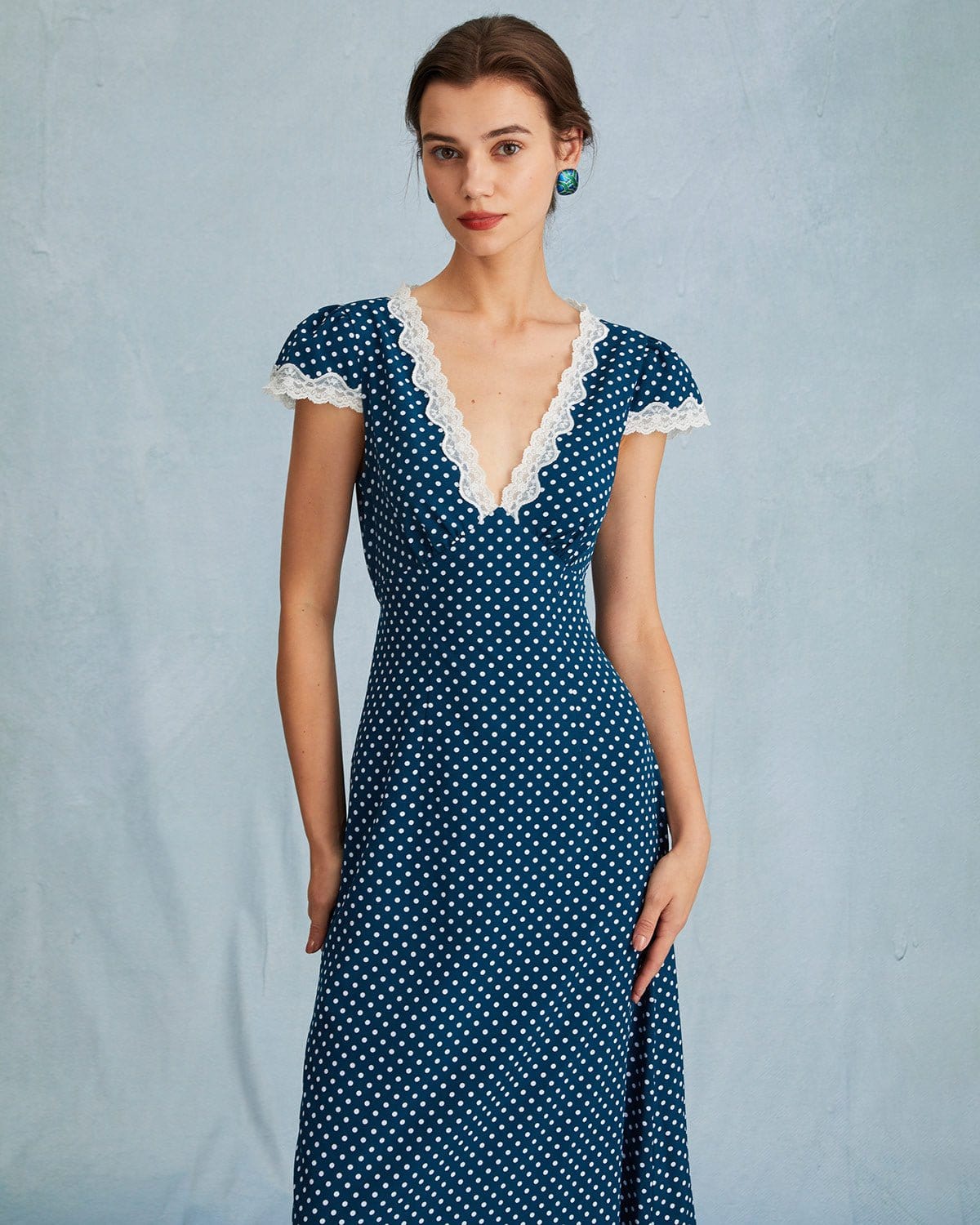 The Navy V Neck Polka Dot Lace Ruched Maxi Dress | Rihoas