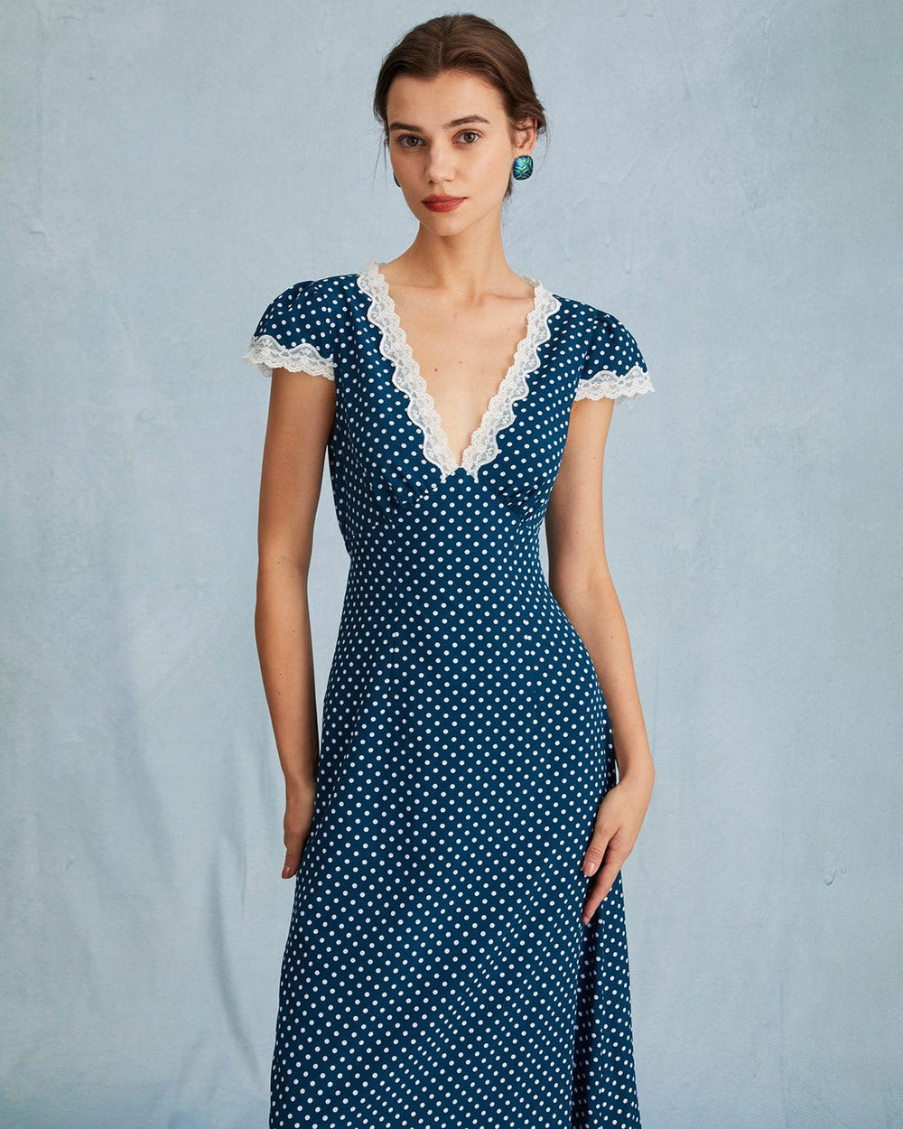 The Navy V Neck Polka Dot Lace Ruched Maxi Dress | Rihoas