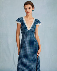 The Navy V Neck Polka Dot Lace Ruched Maxi Dress | Rihoas