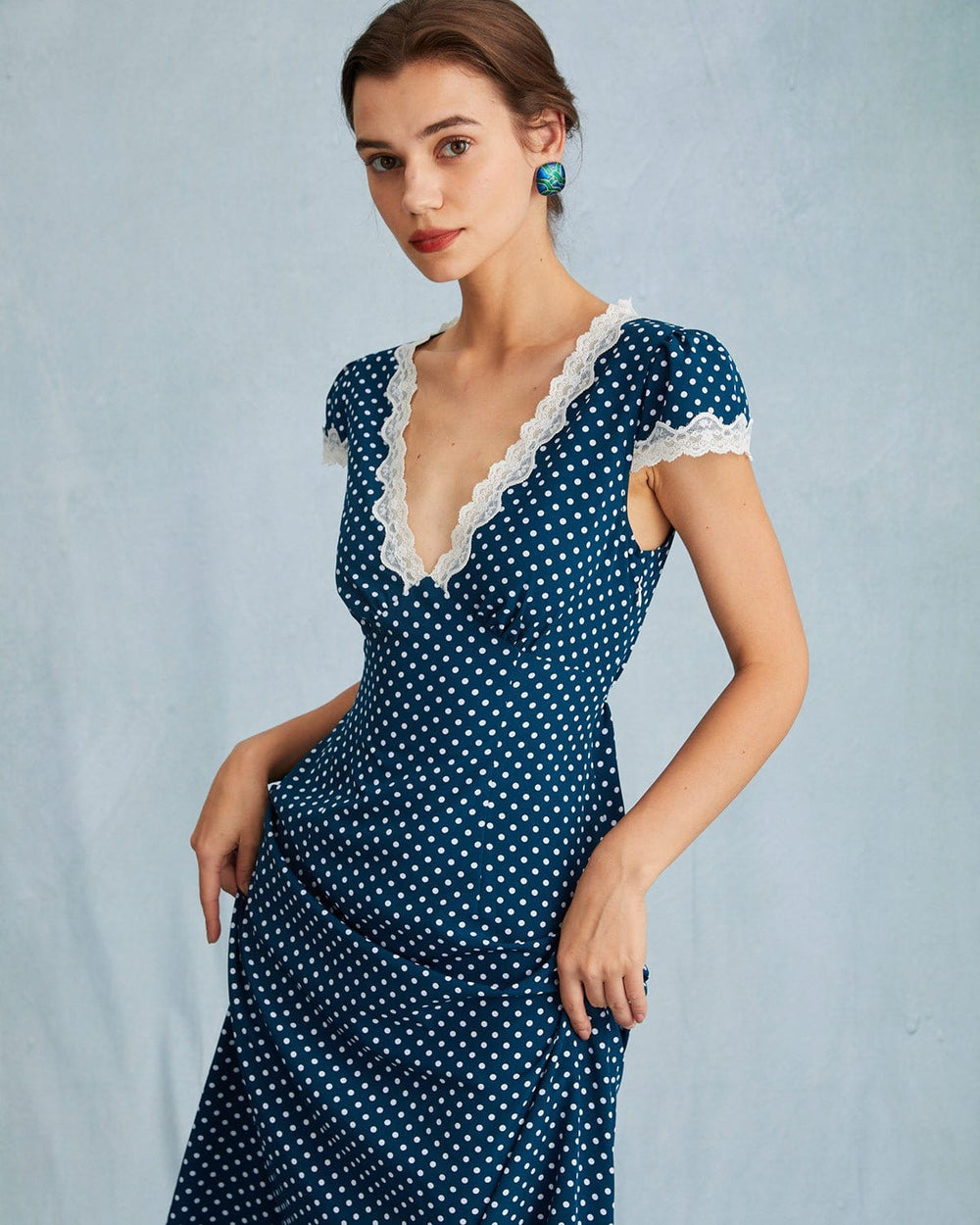 The Navy V Neck Polka Dot Lace Ruched Maxi Dress | Rihoas