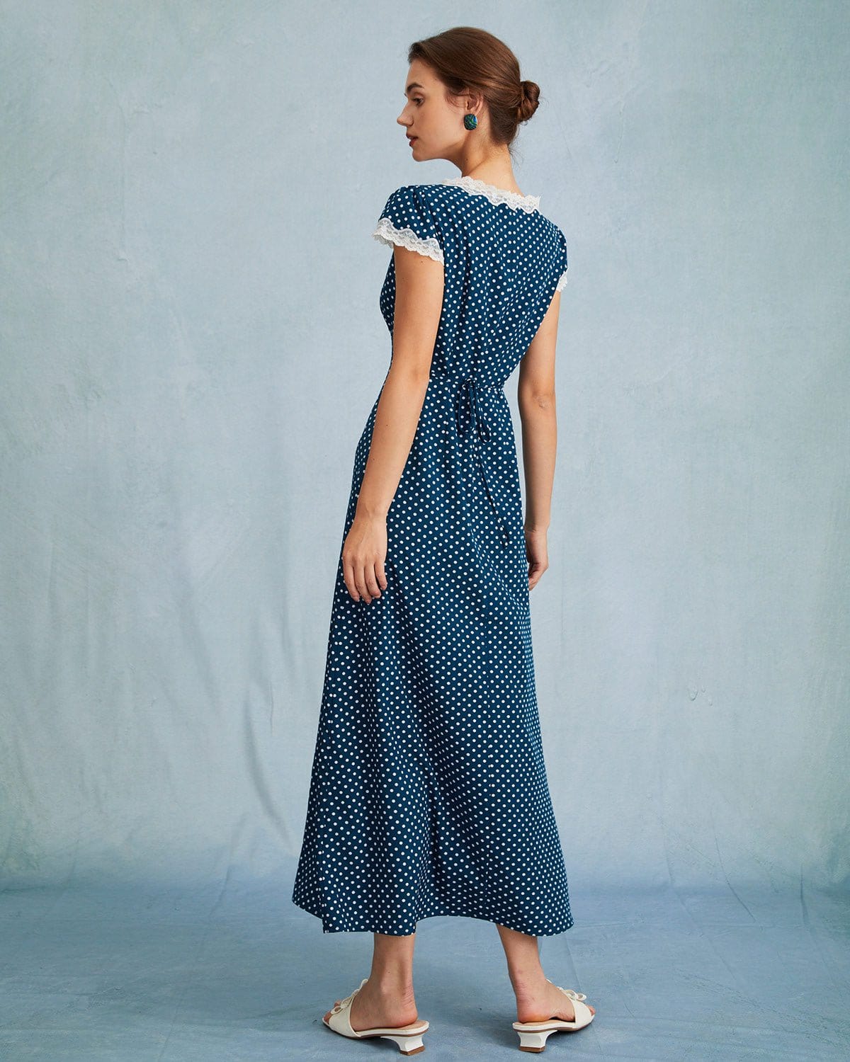 The Navy V Neck Polka Dot Lace Ruched Maxi Dress | Rihoas