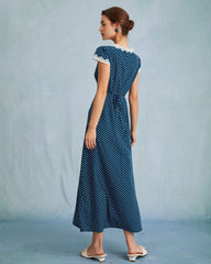 The Navy V Neck Polka Dot Lace Ruched Maxi Dress | Rihoas