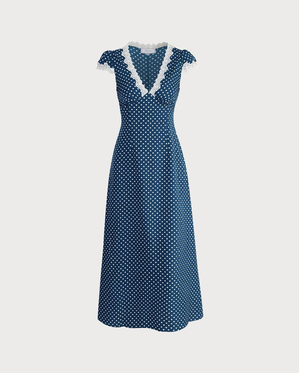 The Navy V Neck Polka Dot Lace Ruched Maxi Dress | Rihoas